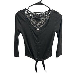 No Boundaries Tie Button Front Lace Back Top Black Ribbed 3/4 Sleeve Grunge